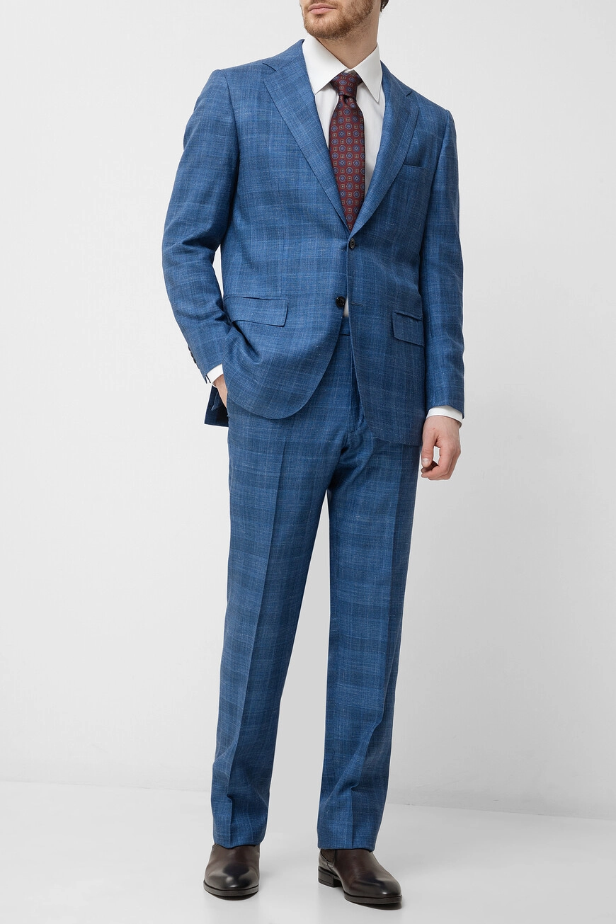 Костюм Kiton: Синий, в клетку, из кашемира, льна, шелка