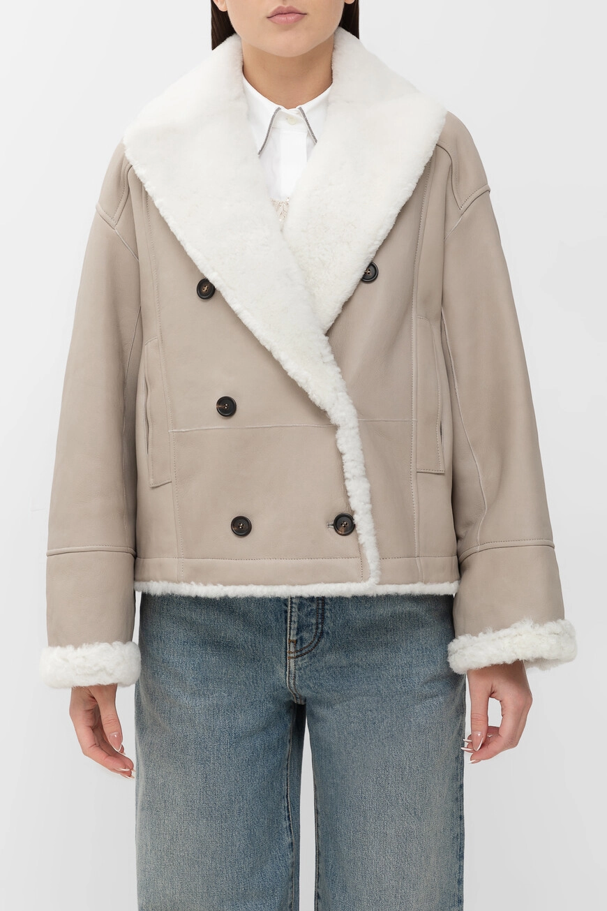 Дубленка Brunello Cucinelli: Бежевая, укороченная, с мехом