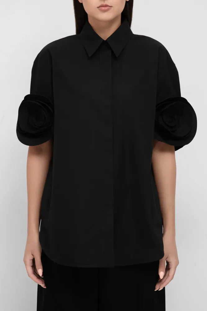 Рубашка Valentino: Черная, хлопок, розы | Smart Casual